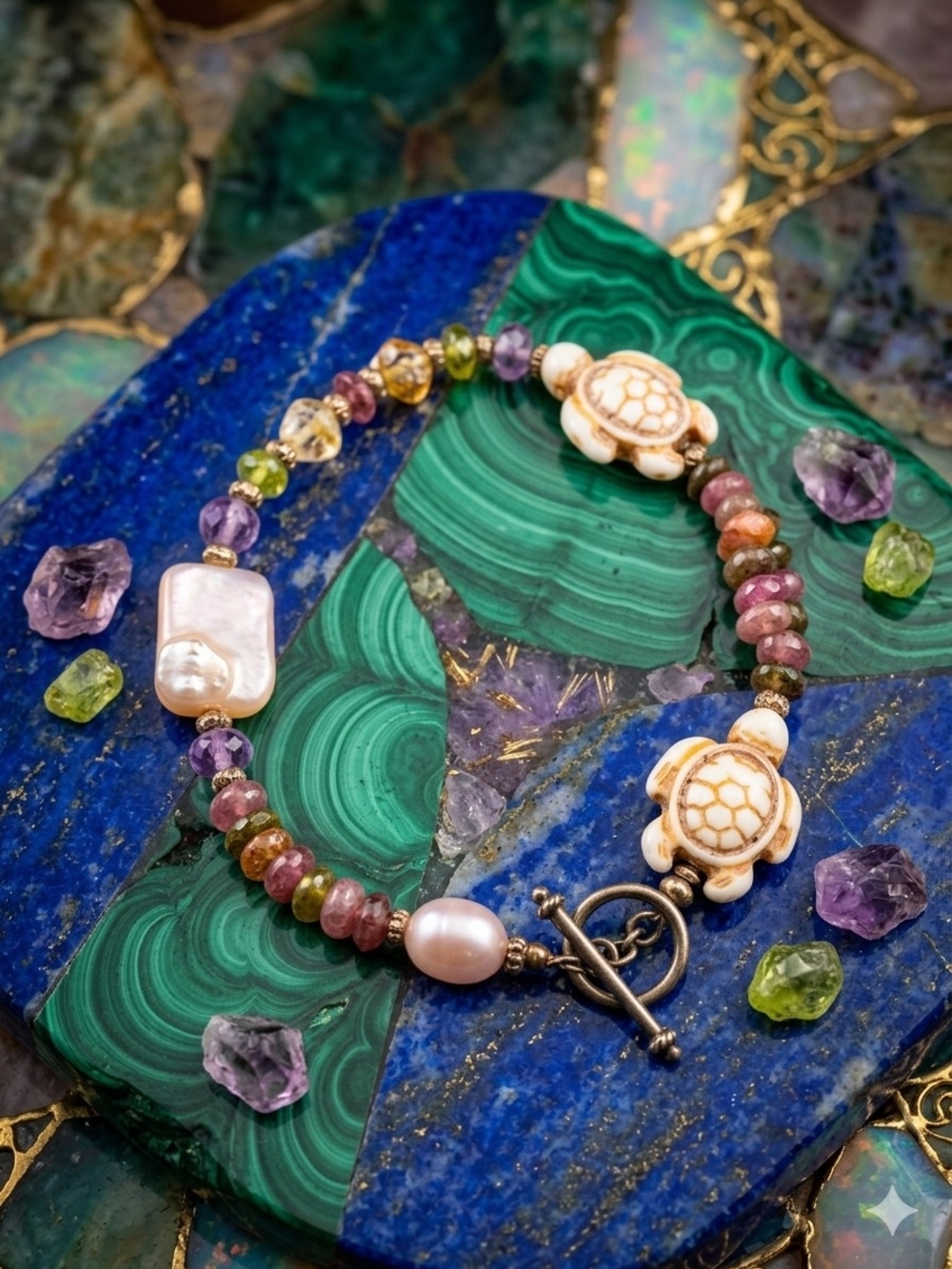 Handmade Multicolor Gemstone & Pearl Turtle Bracelet